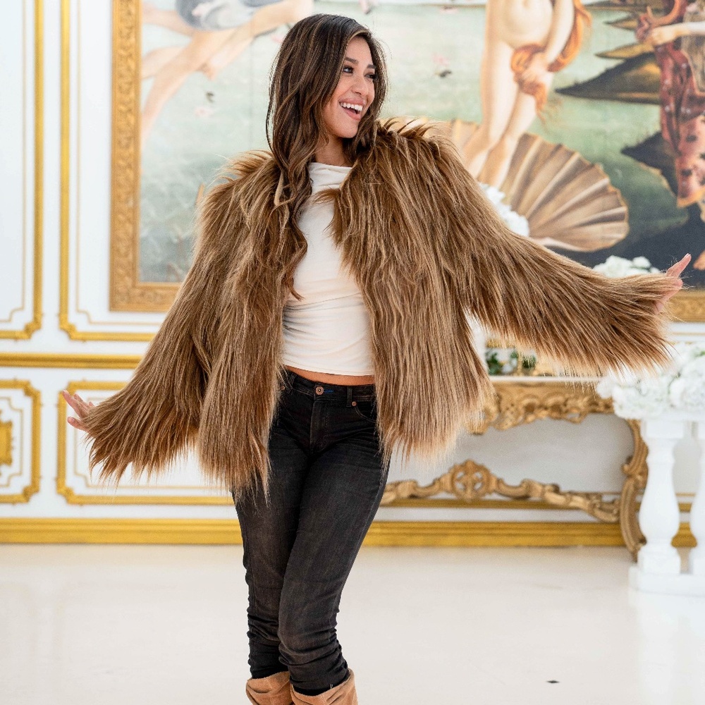 FURROCIOUS FURR Women's Luxury Faux Fur Crop Ostrich Tan Cream Coat